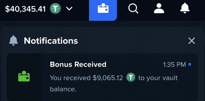 A screenshot from Stake.com showing a notification of a "Bonus Received" for $9,065.12 USDT at 1:35 PM, which corresponds to the poster's celebration of receiving the same bonus amount on their account (now displaying $40,345.41).