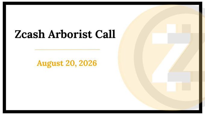 A banner image for 'Zcash Arborist Call' dated August 20, 2026, featuring the Zcash (ZEC) logo in a cream and gold color scheme.