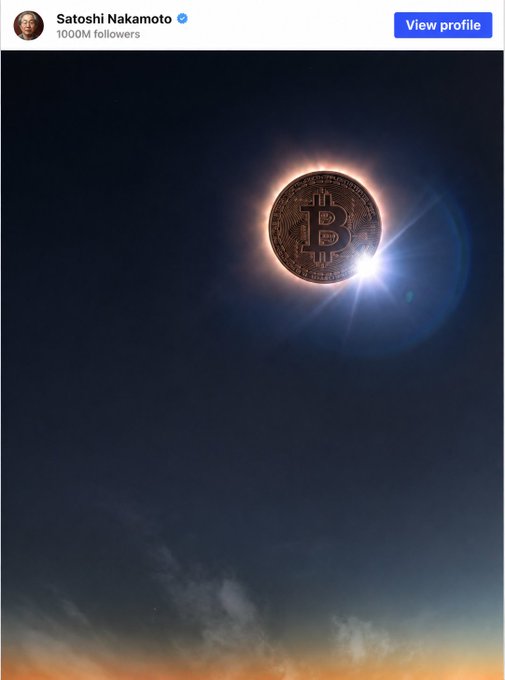 A social media profile for Satoshi Nakamoto with 1000M followers features a glowing Bitcoin coin shining brightly against a dark, cloudy sky background.