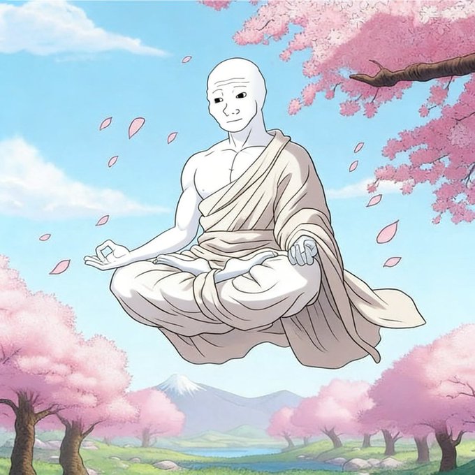 A digital illustration of a Wojak character meditating in lotus position, floating among pink cherry blossom trees with Mount Fuji in the background.
