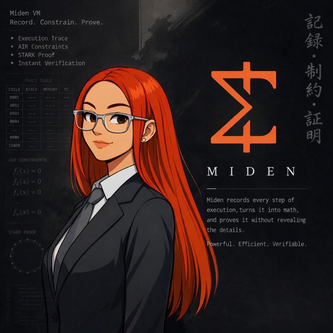 The image features a woman wearing glasses and a suit standing against a black background. She has red hair and is described as having a "powerful, efficient, verifiable" personality. The text in the image reads "Maiden", which is the name of the character she portrays.