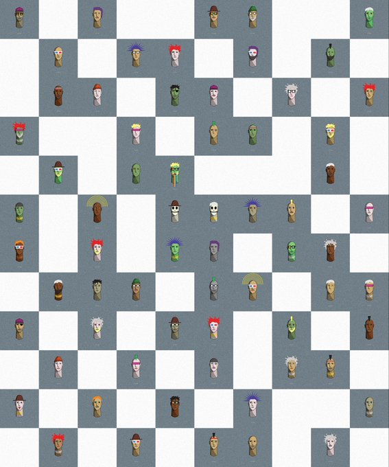 A grid layout displaying numerous pixel-art CryptoPunks avatars with various hair colors, hats, and accessories arranged on a gray checkered background.
