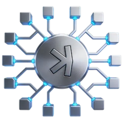 A silver network/technology icon featuring a central circle with an arrow-like symbol connected to multiple square nodes via glowing blue lines.