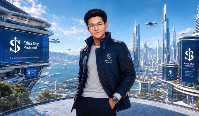 A young man wearing glasses and a navy "Ethra Ship Protocol" branded jacket stands on a futuristic observation deck overlooking a sci-fi coastal cityscape with flying vehicles and holographic billboards displaying "Ethra Ship Protocol - The Future of Decentralized Shipping," visually reinforcing the post's message about $SHIP-powered decentralized maritime intelligence above AIS tracking.