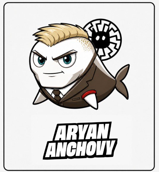 A cartoon logo features a stylized anchovy character with blonde hair, a suit, and an armband, accompanied by the text 'ARYAN ANCHOVY' below.