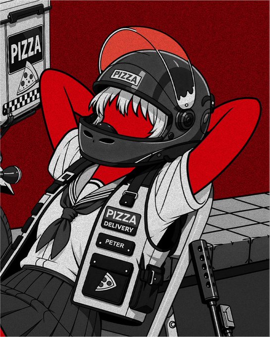 An anime-style illustration depicts a red-skinned character wearing a black motorcycle helmet with 'PIZZA' on it and a matching 'PIZZA DELIVERY' apron labeled 'PETER', leaning back with arms behind their head in front of a red wall.