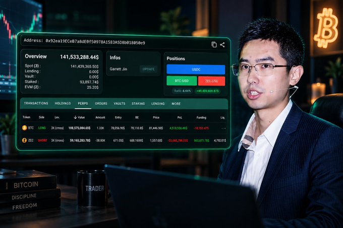 A man in a suit speaks while an overlay displays cryptocurrency trading data including a wallet overview with '141,533,288.44$' and positions for BTC and ZEC.