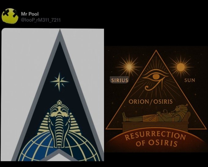 A tweet from "Mr Pool" (@looP_rM311_7211) showing two mystical Egyptian-themed images: a triangular emblem featuring a pharaoh with a star, and a pyramid design depicting the Eye of Horus between Sirius and Sun with the text "ORION/OSIRIS" and "RESURRECTION OF OSIRIS." The esoteric imagery appears to mock critics by comparing XRP skeptics to delusional "psychotics" who fabricate elaborate, ever-changing conspiracy narratives—just as mystical interpretations of these symbols are reinterpreted endlessly to suit whatever narrative the believer wants.