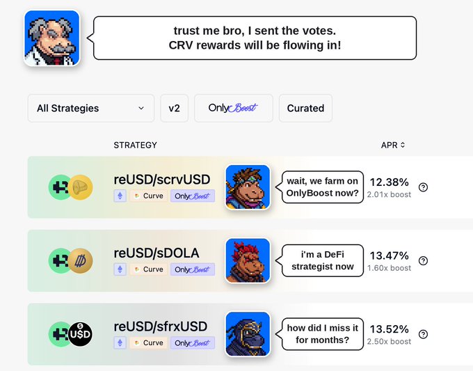 A screenshot of the Convex/CRV DeFi yield strategies page showing liquidity pools like reUSD/scrvUSD, reUSD/sDOLA, and reUSD/sfrxUSD with pixel art farmer characters and speech bubbles.