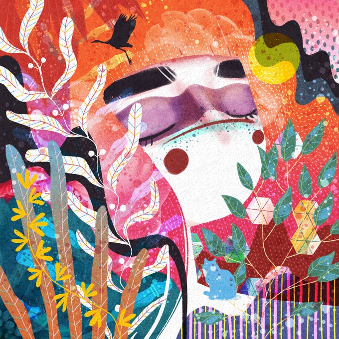 A colorful abstract illustration featuring a stylized face with flowing elements, leaves, and a black bird against a vibrant background.