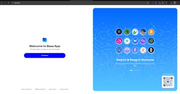 The image shows the Base App welcome page in a browser, featuring a "Welcome to Base App" message with a blue "Continue" button on the left, and a promotional graphic on the right displaying various app icons (Facebook, Messenger, Microsoft, Discord, etc.) with the text "Search & Swipe to Summarize" alongside a QR code. This directly supports the post's announcement that Base App has launched on desktop/web, complementing its existing mobile availability.