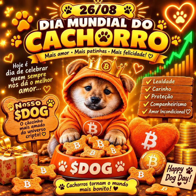 A vibrant graphic celebrating 'Dia Mundial do Cachorro' (World Dog Day) on 26/08, featuring a puppy in an orange Bitcoin-themed hoodie with '$DOG' branding.
