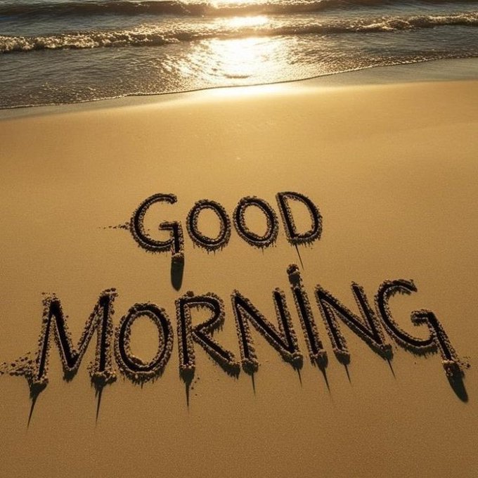 The words 'GOOD MORNING' are written in the sand on a beach with ocean waves in the background, illuminated by the golden light of sunrise or sunset.