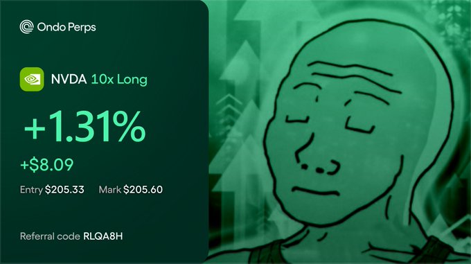 The image shows an OndoPerps position card displaying a long position on NVDA with 10x leverage, currently up +1.31% (+$8.09), with an entry price of $205.33 and a mark price of $205.60, featuring a reference code "RLQA8H" alongside the "Wojak peaceful face" meme. It illustrates the user's tweet about steadily accumulating profits through small leveraged trades on NVIDIA via OndoPerps, with the $8 gain humorously captioned by the peaceful Wojak face as enough for a meal at Daidoya.
