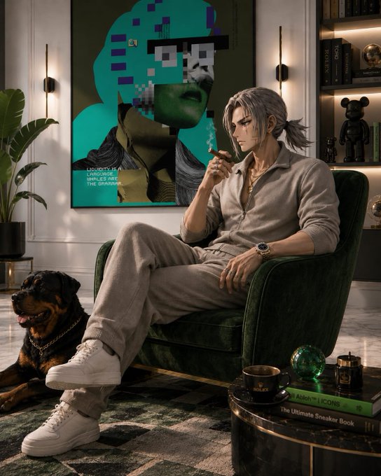 An anime-style illustration of a gray-haired man sitting in a green armchair with a rottweiler, wearing a gray outfit and white sneakers, with books including 'The Ultimate Sneaker Book' on a nearby table and abstract art on the wall.
