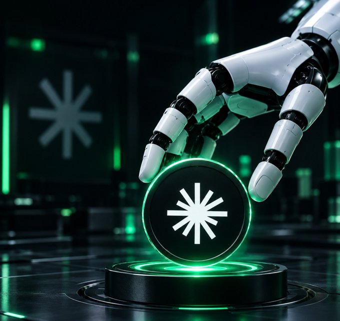 A digital artwork of a white robotic hand reaching down toward a glowing green circular emblem featuring an eight-pointed star/asterisk symbol, displayed on a futuristic black pedestal in a dark, high-tech environment.