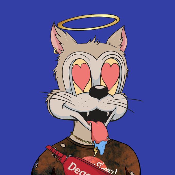 Cartoon illustration of a wolf character with heart-shaped eyes, a golden halo, and a tongue sticking out, wearing a gold chain and a shirt that reads 'Deg', set against a blue background.