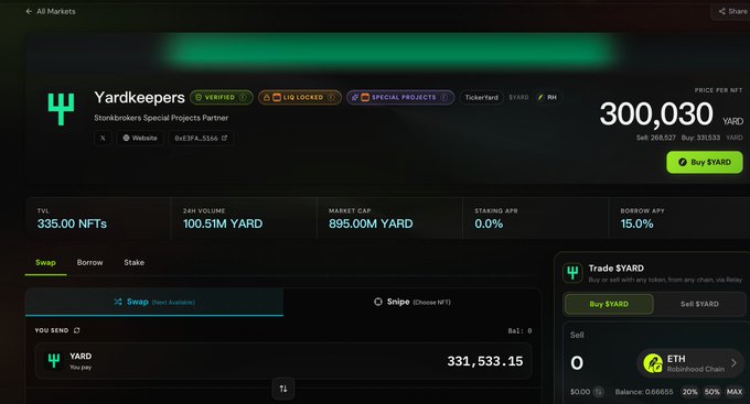 The image shows a cryptocurrency interface for "Yardkeepers" on TickerYard, displaying a $YARD token price of 300,030 YARD with a market cap of 895.00M YARD and 24h volume of 100.51M YARD. A user is preparing to buy $YARD tokens, as indicated by the "Buy $YARD" button and the swap interface showing 331,533.15 YARD to send, aligning with their stated intent to engage with @TickerYardHQ early in the morning.
