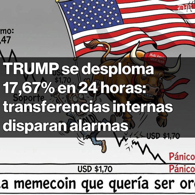 A graphic showing a bull with a MAGA hat and American flag, with Spanish text stating "TRUMP se desploma 17,67% en 24 horas: transferencias internas disparan alarmas".
