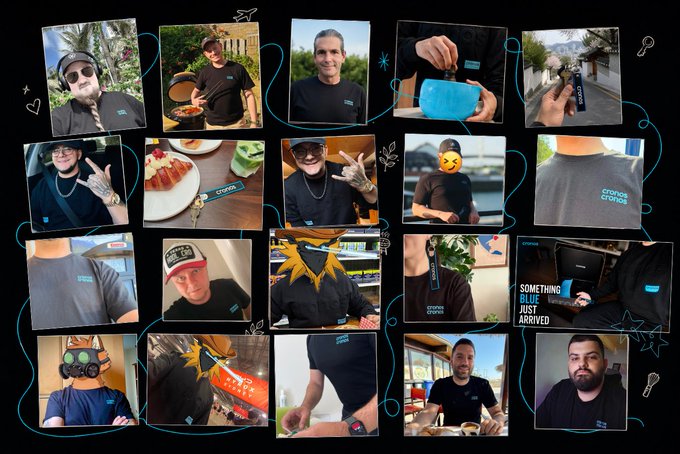 A collage of photos featuring various people, food items (Crepes), and people wearing merchandise with a 'CROWN STARS' logo, connected by decorative blue swirl lines on a black background.