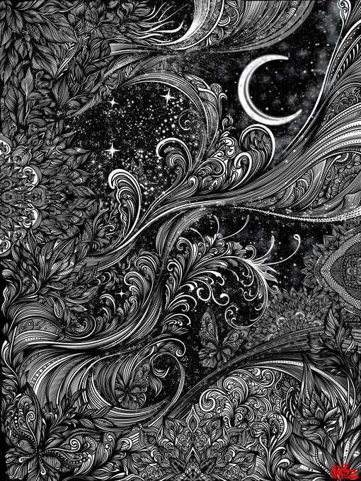 A detailed black and white illustration featuring intricate floral patterns, celestial elements like a crescent moon and stars, and flowing wave-like designs.