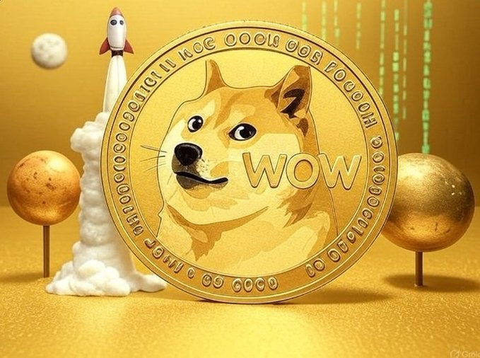 A 3D render featuring a Dogecoin coin with a Shiba Inu face and the word 'WOW' embossed on it, set against a gold background with a rocket launching from clouds and two planets.