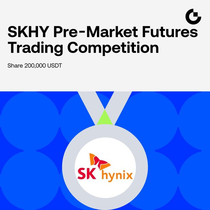 The image is a promotional banner for a "SKHY Pre-Market Futures Trading Competition" offering a shared prize pool of 200,000 USDT, featuring a silver medal graphic with the SK hynix logo, which visually aligns with the post highlighting the trading competition and new user bonus for trading SKHY/USDT.