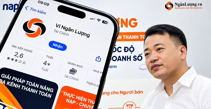 A promotional image showing a man next to a smartphone displaying the App Store page for 'Ví Ngân Lượng' (Ngan Luong Wallet), a Vietnamese financial app by NganLuong.vn, with marketing text in Vietnamese.