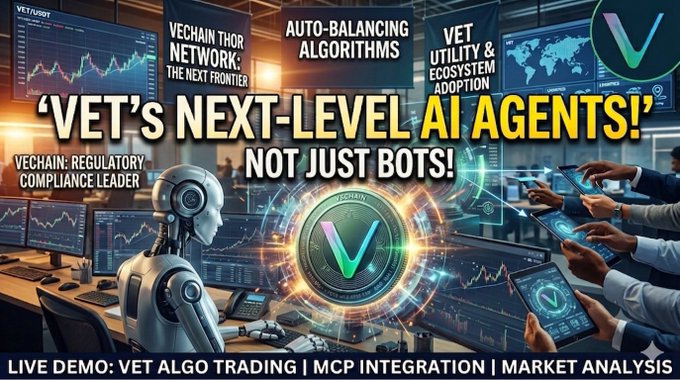 A futuristic AI robot is shown in front of glowing trading screens and VeChain (VET) branding, with bold headlines reading *"VET's NEXT-LEVEL AI AGENTS! NOT JUST BOTS!"* and feature highlights including "Auto-Balancing Algorithms," "VET Utility & Ecosystem Adoption," and a banner for a live demo covering VET algo trading, MCP integration, and market analysis. The image visually reinforces the post's claim about VeChain's advanced AI Agents being capable of autonomous smart decision-making and portfolio management beyond traditional bots.