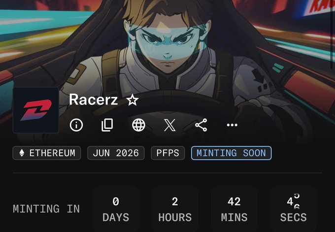 The image shows a screenshot of an online store called "Racerz" that sells NFTs (Digital Artwork). The post features a character from the game Racing z, wearing a helmet with goggles, driving a car. The post also includes information about the NFT minting process and the price of the NFTs.
