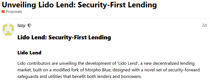 A post titled 'Unveiling Lido Lend: Security-First Lending' by user Izzy, describing Lido Lend as a new decentralized lending market built on a fork of Morpho Blue.