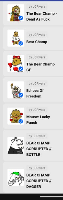 OpenSea profile screenshot by 'JCRivera' displaying NFT artworks titled 'The Bear Champ - Dead As Fuck', 'Bear Champ', 'The Bear Champ GF', 'Echoes Of Freedom', 'Mouse: Lucky Punch', and 'BEAR CHAMP CORRUPTED' series.