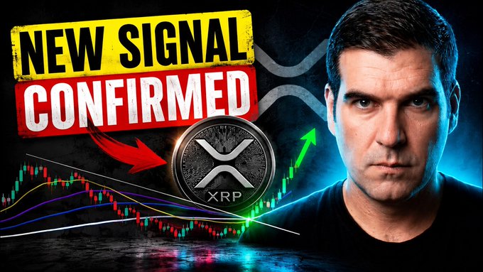 A man appears beside a YouTube thumbnail featuring the text "NEW SIGNAL CONFIRMED" alongside an XRP coin, candlestick chart, and a green upward arrow, visually reinforcing the video's claim of a significant bullish development for XRP.