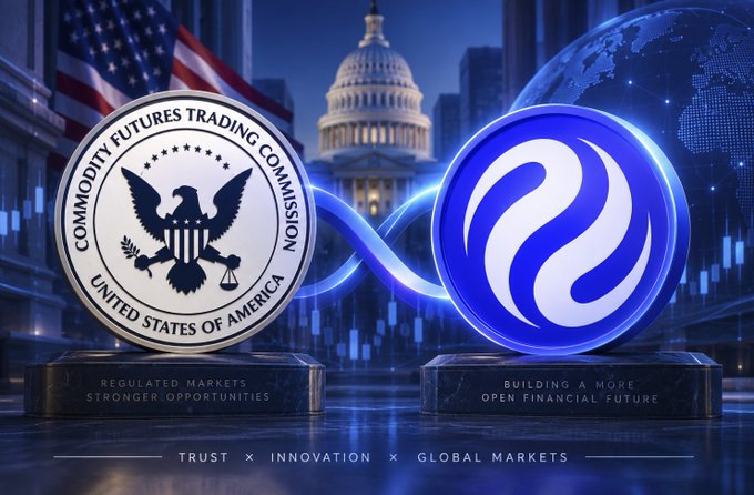 Digital illustration depicting the Commodity Futures Trading Commission seal and the Sui logo as pedestals with text 'TRUST x INNOVATION x GLOBAL MARKETS'.