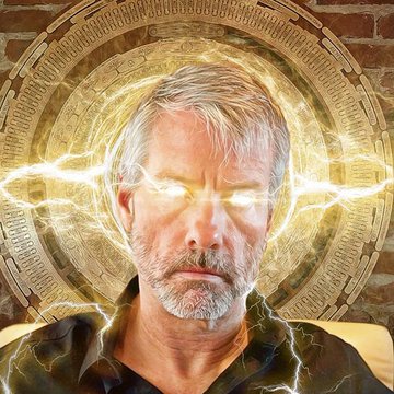 A serious-looking, gray-haired man with glowing eyes is surrounded by crackling lightning effects and a radiant golden halo against a brick wall background. The electrified, saint-like imagery symbolizes Michael Saylor's towering presence in the Bitcoin space as Strategy continues its massive accumulation, now holding 847,666 BTC and repurchasing $152M in STRC shares.