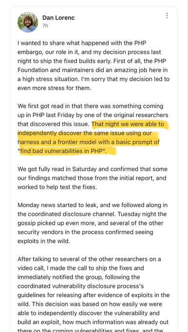 A LinkedIn-style post by Dan Lorenc discusses the PHP Foundation’s response to a security issue, including highlighted text about independently discovering “the same issue” and finding “bad vulnerabilities in PHP.”