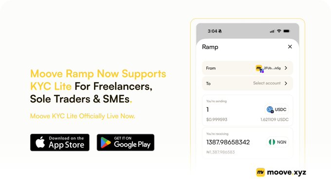 A promotional graphic for 'Moove Ramp' announcing KYC Lite support for freelancers, sole traders, and SMEs, showing app download buttons and a mobile screenshot of a currency conversion from USDC to NGN.
