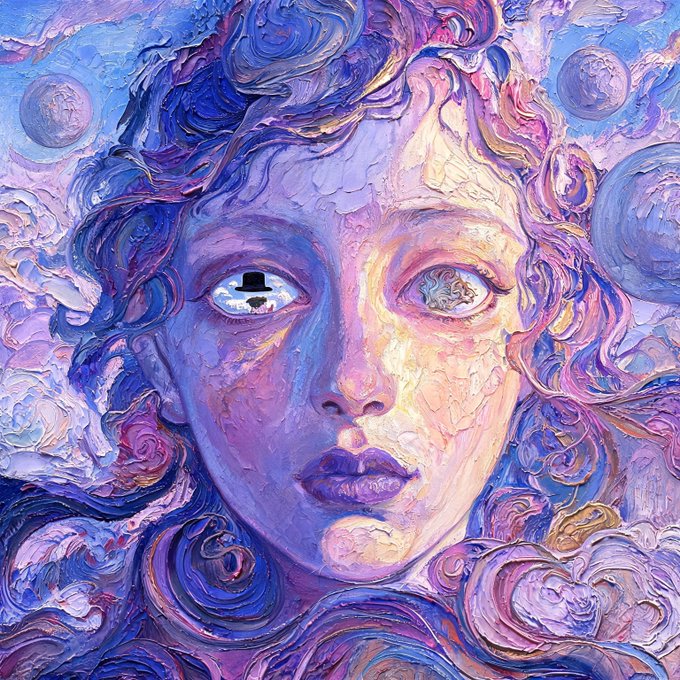 An ornate painted artwork depicts a face with flowing hair rendered in swirling purples, blues, and golds, with a surreal reflection in one eye.