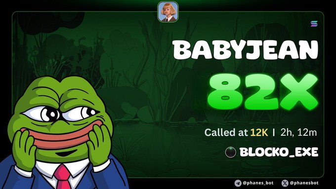 A Pepe the Frog meme graphic shows the character in a suit with text reading 'BABYJEAN', '82X', 'Called at 12K | 2h, 12m', and 'BLOCKO_EXE' on a dark green background.