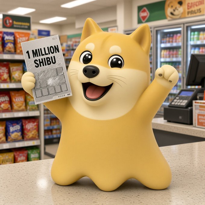 A cartoon-style Shiba Inu mascot holding a ticket that reads "1 MILLION SHIBU" in a convenience store.