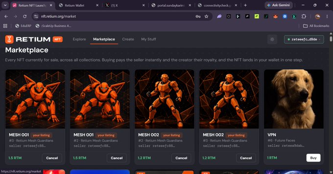 The image shows the Retium NFT Marketplace (nft.retium.org) listing Mesh Guardians NFTs, with MESH 001 priced at 1.5 RTM and MESH 002 at 1.2 RTM, both belonging to seller reteeefc88, alongside a VPN NFT listed at 1 RTM. This visually confirms the post's announcement that the Mesh Guardians collection (MESH 001 and MESH 002) is live on the Retium launchpad marketplace.