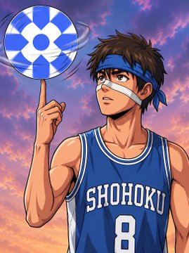 Anime-style illustration of a basketball player wearing a 'SHOHOKU 8' jersey and a blue headband, spinning a blue and white ball on his finger.
