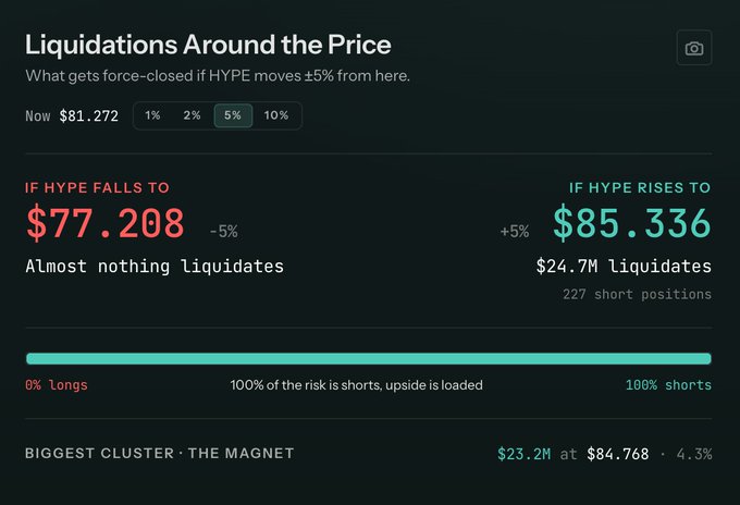 A financial dashboard titled 'Liquidations Around the Price' showing HYPE at $81.272 with risk projections for a 5% move, indicating $24.7M in short liquidations if it rises to $85.336.
