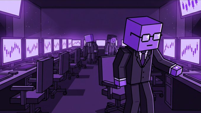 A stylized Minecraft-like illustration depicts blocky, suited figures with purple cube heads working at rows of monitors displaying candlestick charts in a purple-lit trading room. The scene evokes a high-frequency trading floor or broker office, visually reinforcing the post's message about brokers revealing their rankings and performance tiers.