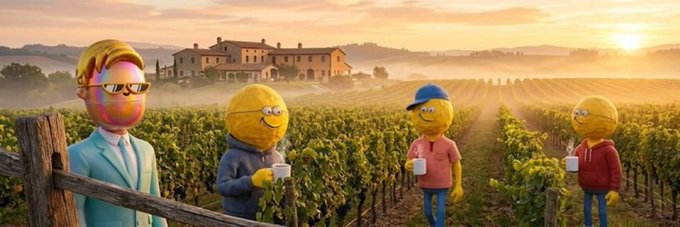 Four colorful, spherical characters stand among vineyard rows at golden hour, with a rustic estate house bathed in warm sunset light in the background. The image visually echoes the post's message of community and growing legends, depicting a tight-knit group sharing coffee in a peaceful, picturesque setting that evokes camaraderie and the passage of time.