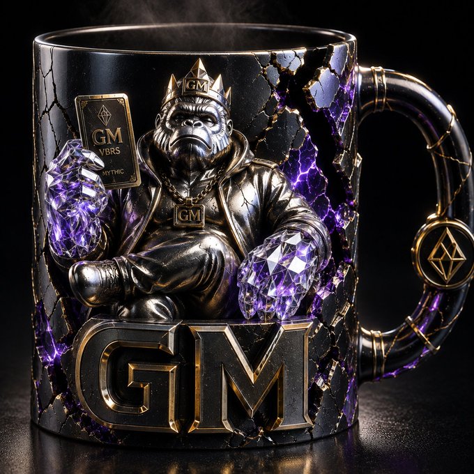 An ornate black and silver mug featuring a sculpted gorilla wearing a crown and gold chains, with large 'GM' letters and purple crystal details, displaying 'GMVBRS' and 'MYTHIC' markings.