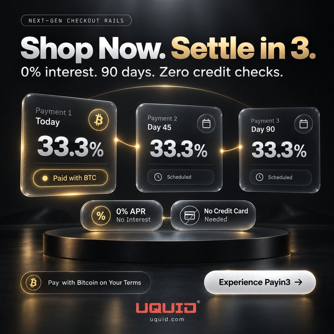 Advertisement for UQUID's 'Payin3' Bitcoin payment service, offering 0% interest over 90 days with three installments of 33.3% (paid in BTC today, scheduled for Day 45 and Day 90), no credit checks required.