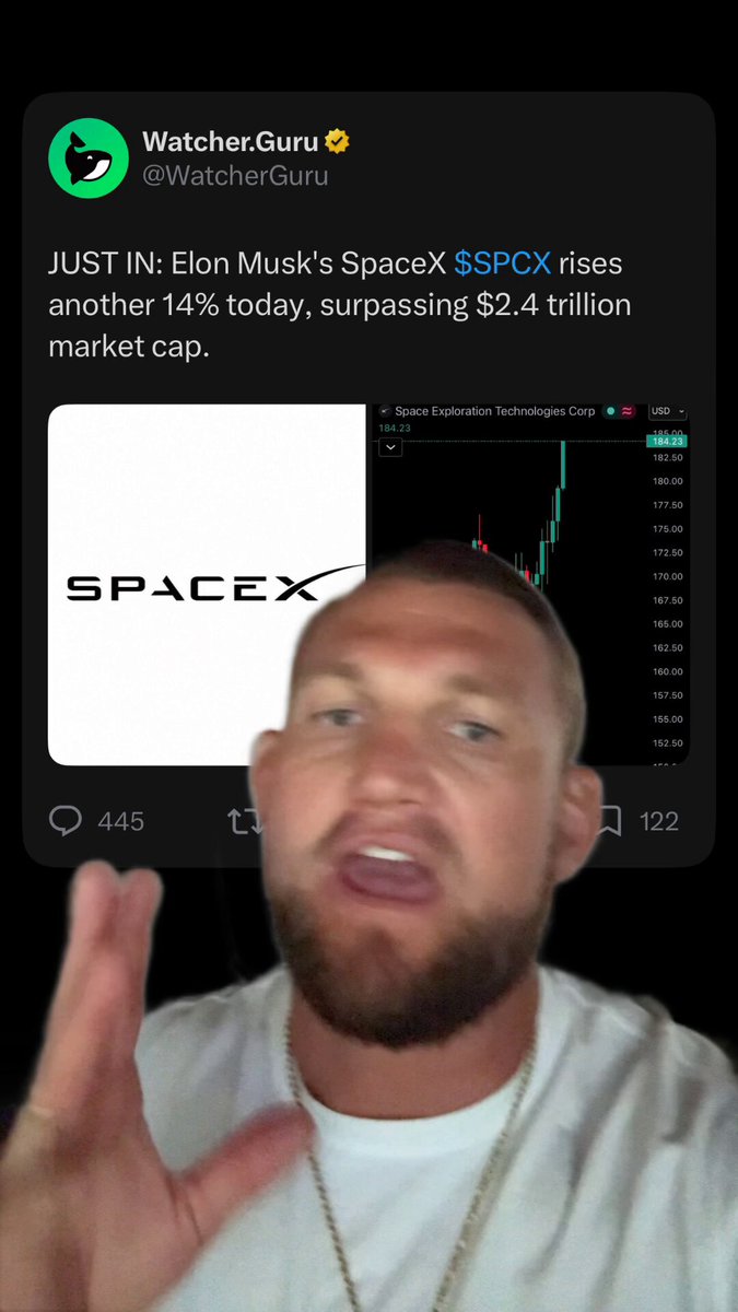 The image features a man wearing a white shirt, who appears to be making a funny face or gesture while holding up his hand. The caption of the image reads "Never bet against @elon musk! Retail is actually winning pretty hard with $SPCX!". This humorous caption and the man's facial expression suggest that he might have made a joke about the stock market, specifically regarding the company Space X.