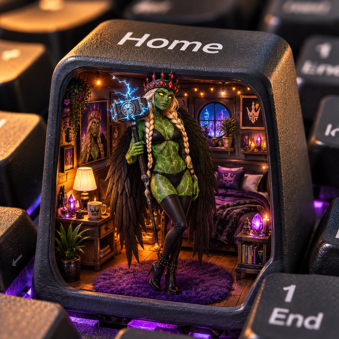 A digital artwork displayed on a 'Home' keyboard key features a fantasy scene of a green-skinned warrior woman with long braided hair, holding a glowing hammer, standing in a cozy, decorated bedroom.