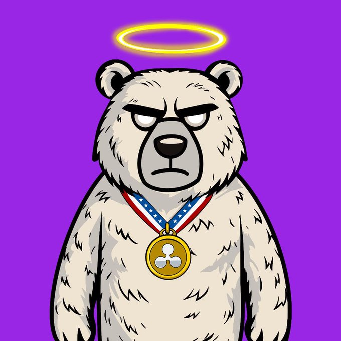 An NFT-style illustration of an angry-looking white bear with a glowing yellow halo above its head, wearing an XRP/Ripple cryptocurrency medal on a red, white, and blue striped ribbon against a purple background.